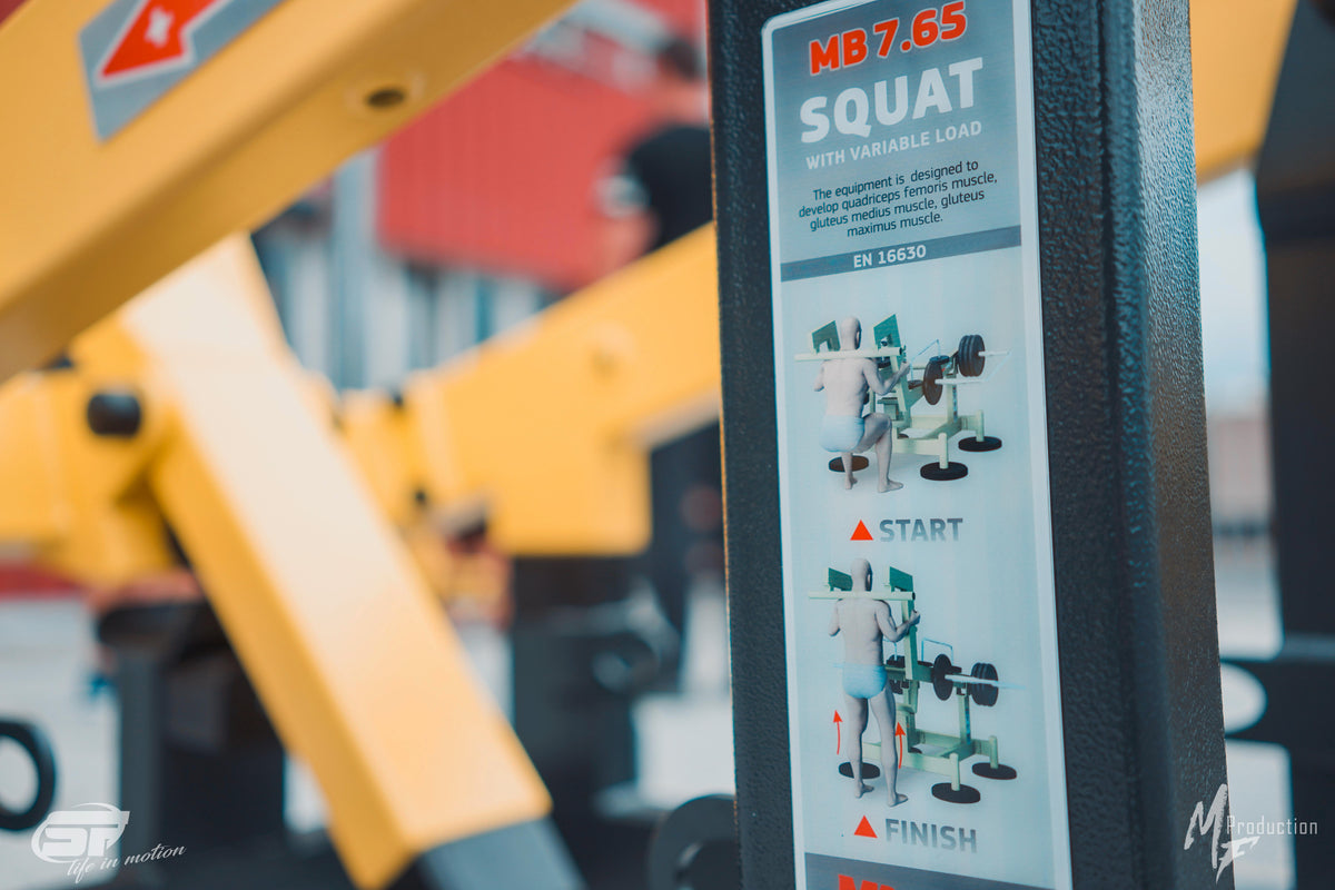 StreetBarbell gépre integrált használati információ START és FINISH ábrákkal
